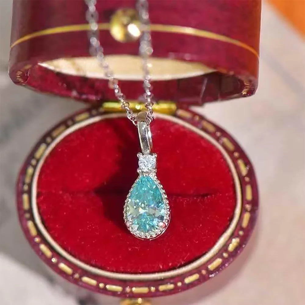 Serenity 1ct Pear Paraiba Blue Moissanite Pendant Necklace for Women 100% S925 Sterling Silver Neck Chain Plated 18K Jewelry GRA