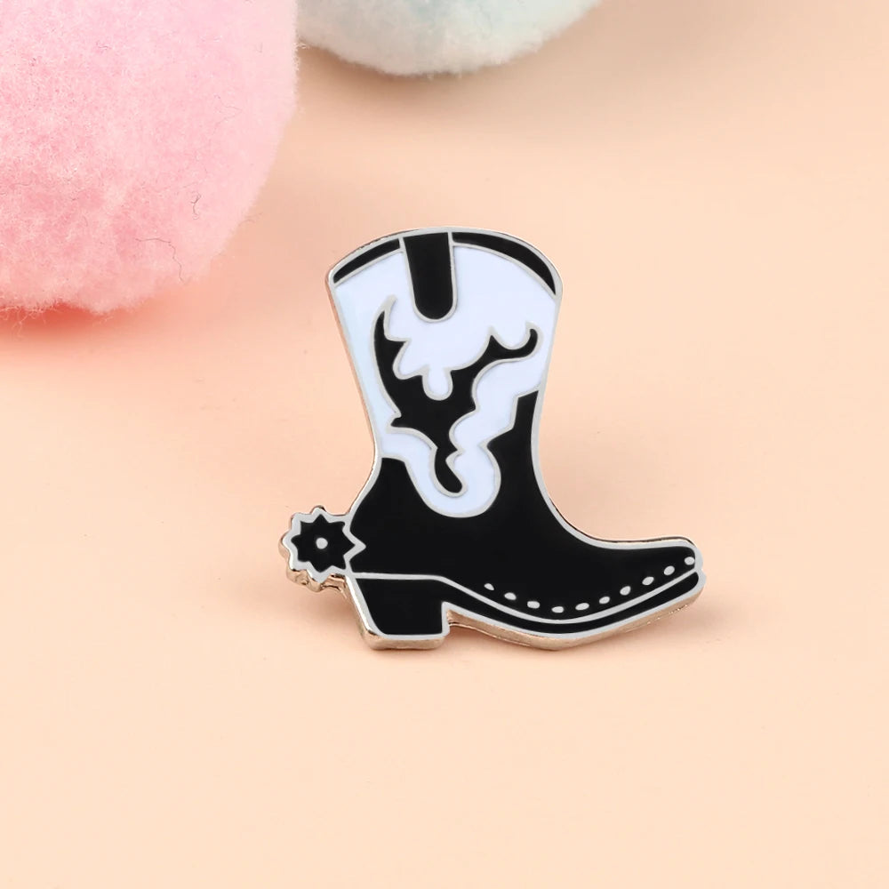 Cool Black Boots Enamel Pins Cowboy Hat Shoes Brooches Women Men Jeans Coat Lapel Pin Badges Jewelry Accessories Gift for Friend