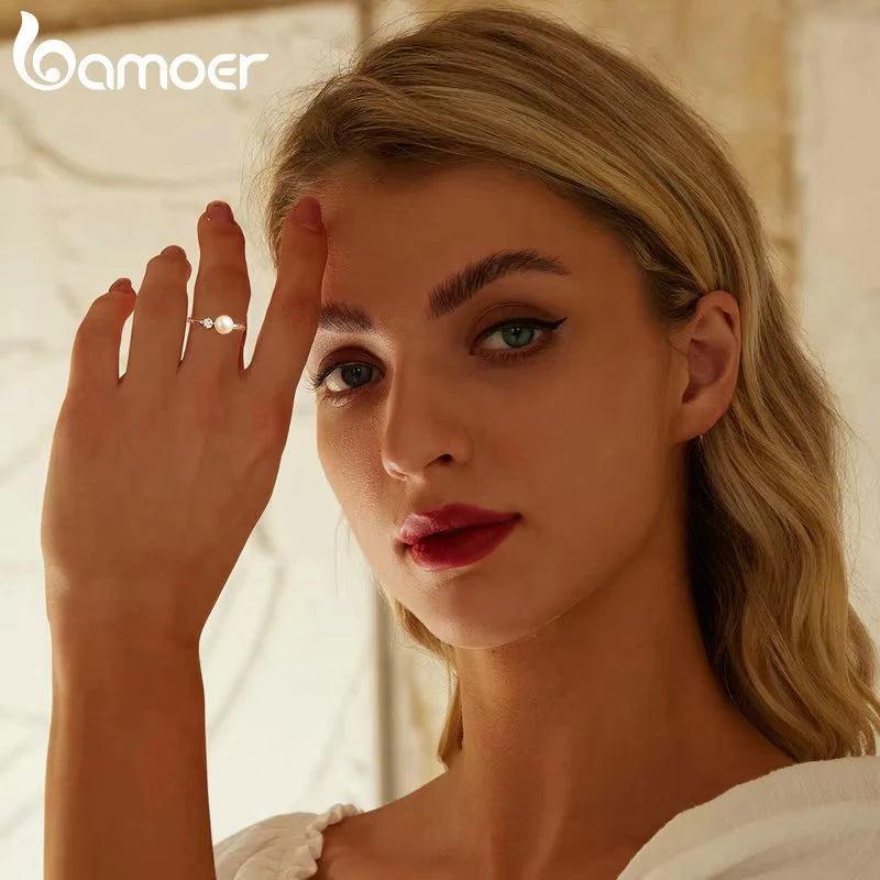 BAMOER Luxury Natural Pearl Moissanite Ring for Women, 925 Sterling Silver Elegant Anniversary Statement Gift Fine Jewelry