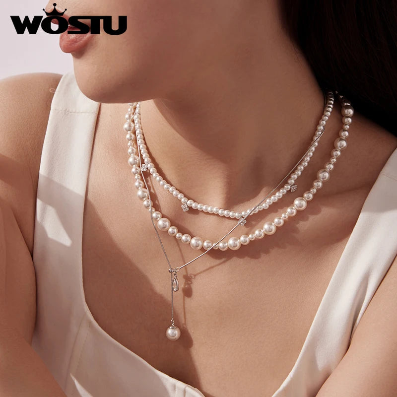 WOSTU 925 Sterling Silver Multi Layer Pearl Necklace For Women, Y-Shape CZ Pearl Pendant Elegant Valentine's Day Wedding Jewelry