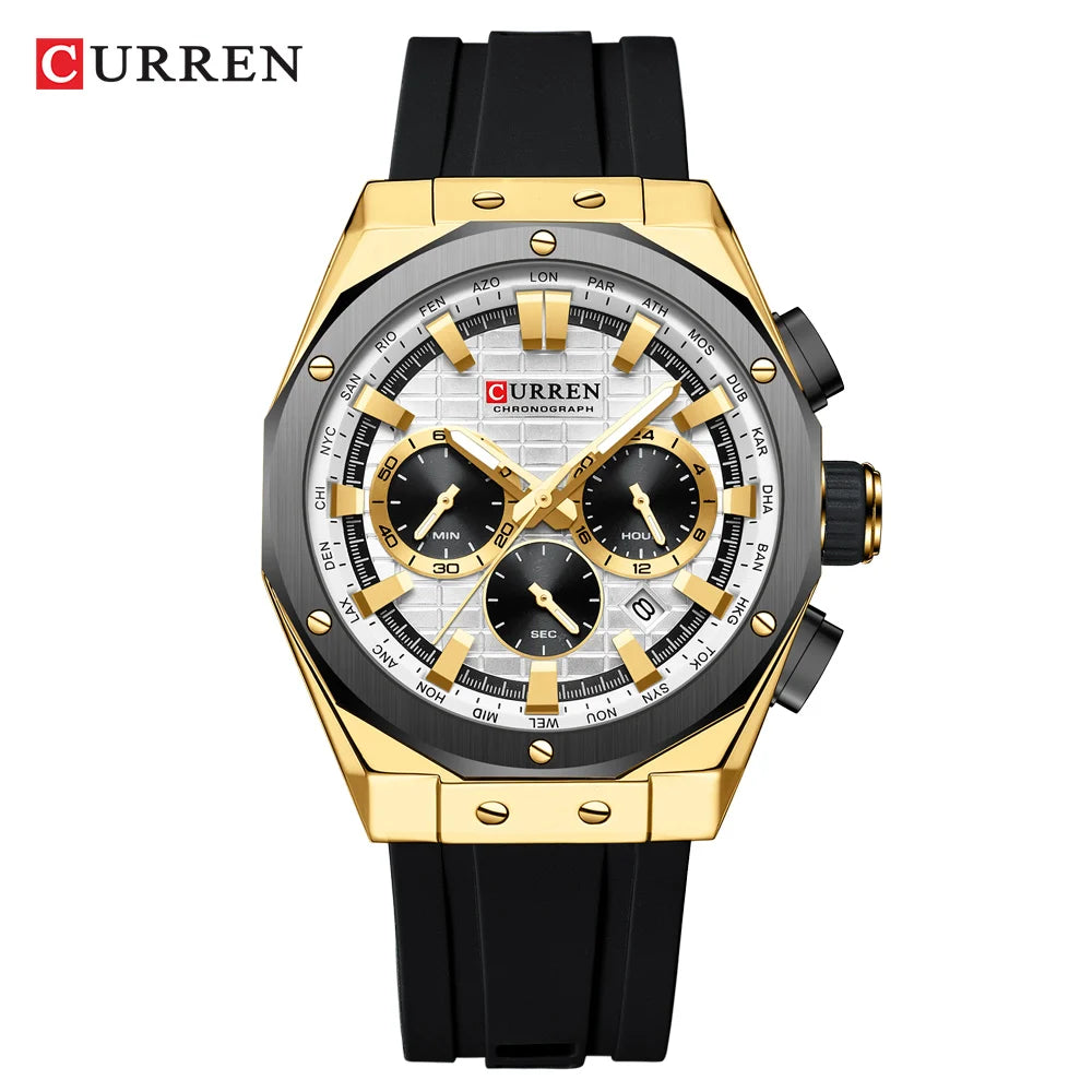 CURREN Casual Sports Quartz Watches for Men Silicone Band Business Chronograph Wristwatch with Date