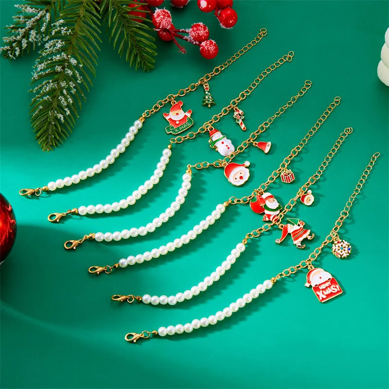 Creative Christmas Metal Chain Bracelet For Women Men Delicate Imitation Pearl Santa Claus Xmas Tree Snowflake Snowman Bangles