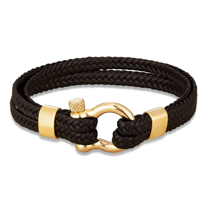 MKENDN Multilayer Woven Leather Bracelet For Men Women Black Stainlass Steel Shackle Screw Bracelets Outdoor Style Jewelry Gifts