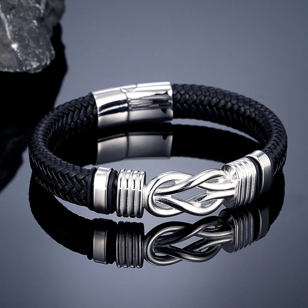 MKENDN Classic Men Infinity Knot Bracelet Woven Braided Leather Bracelets For Women Forever Linked Stainless Steel Jewelry Gifts