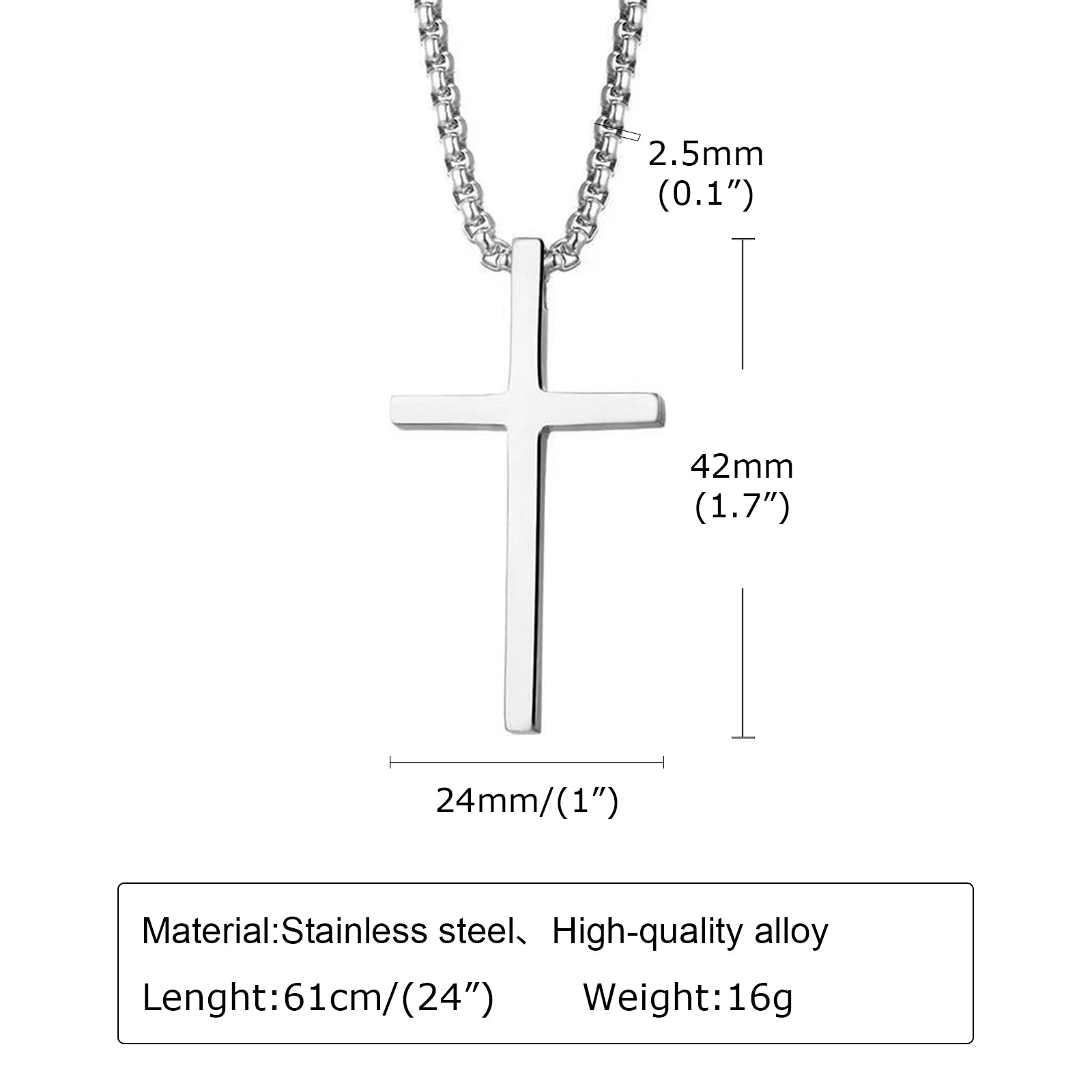 Vnox Cross Necklace for Men Women, Silver Color Plain Cross Pendant Collar with Stainless Steel Box Chain - Madeinsea©