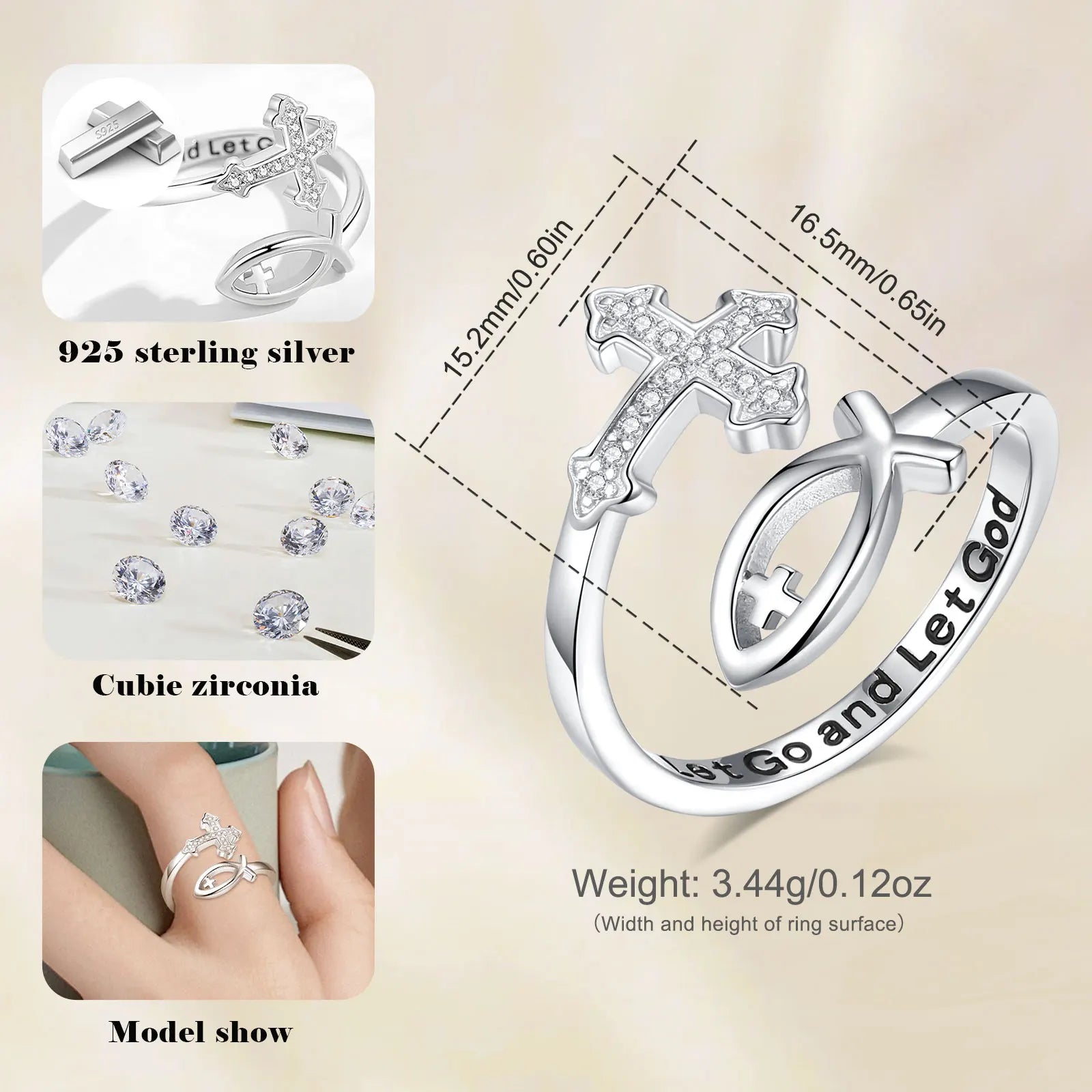 Bague réglable en argent sterling 925 Eudora avec croix de Jésus et poisson pour femme, bijou chrétien béni avec croix Ichthus, cadeau idéal pour maman