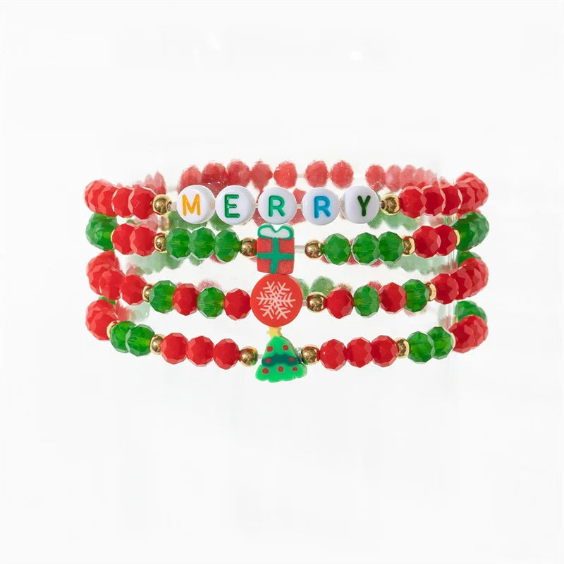 2-5 pcs Cute Christmas Series Bracelet Set For Women Men Santa Claus Snowman Snowflake Pendant Beads Bracelets Party Jewelry
