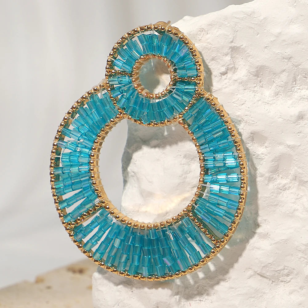 AENSOA Luxury Colorful Crystal Beaded Double Round Drop Earrings for Women Gold Color Metal Dangle Earrings Handmade Jewelry