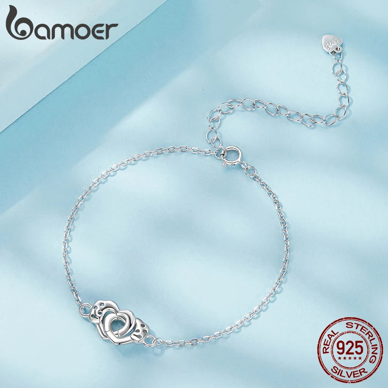 BAMOER White Gold Plated Heart Chain Bracelet for Women, Dainty 925 Sterling Silver Adjustable Trend Bracelet SCB297