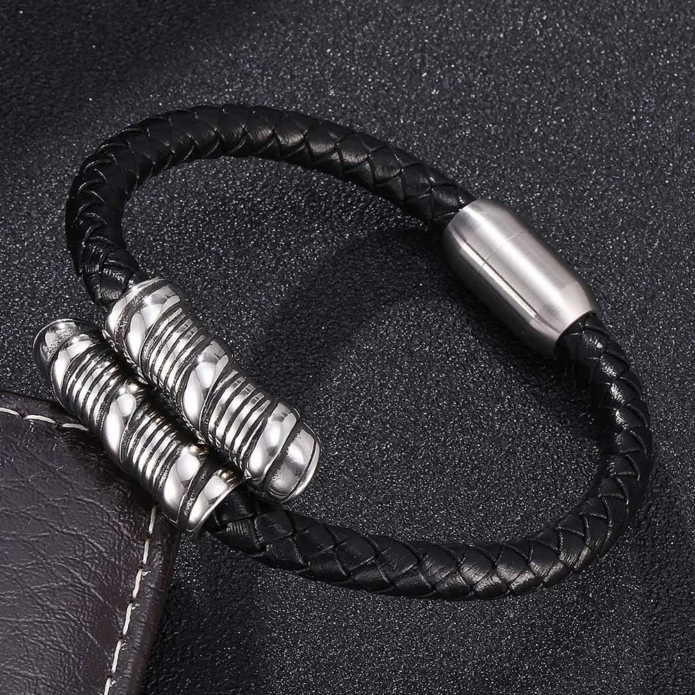 MKENDN Punk Style Men Jewelry Leather Braided Bracelets Stainless Steel Interlocking Black Bracelets Fashion Male Bangle Gifts
