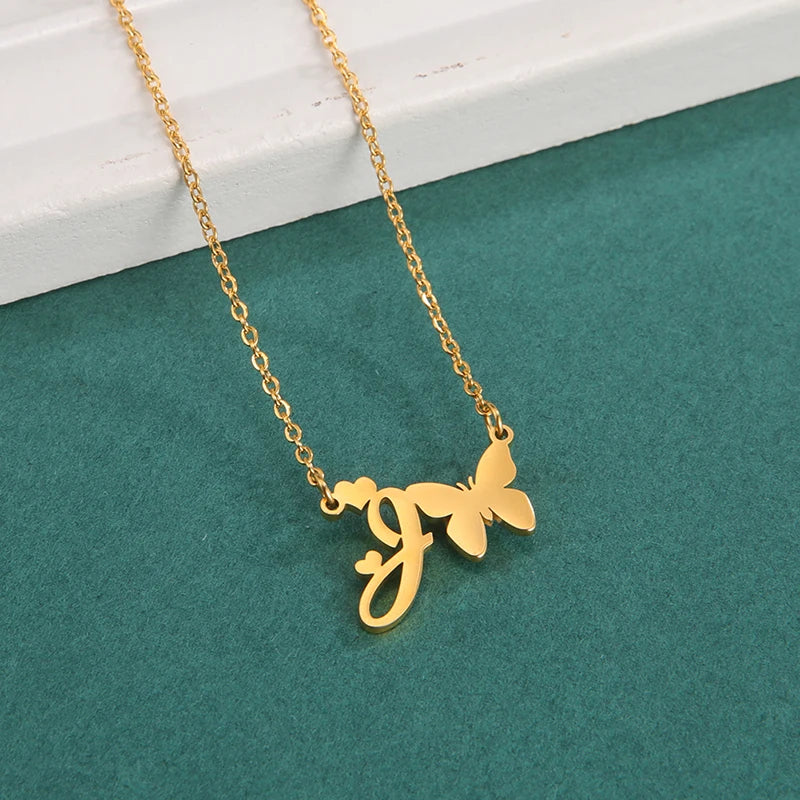 New Fashion 26 Initials Letter Pendant Butterfly Necklace for Women Elegant Stainless Steel Gold Color Necklace Jewelry Gift