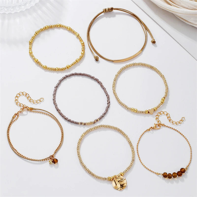 7Pcs Bohemian Heart Beads Round Pendant Bracelets For Women Elastic Beaded Stretchy Strand Chain Bangle Set Girl Party Jewelry