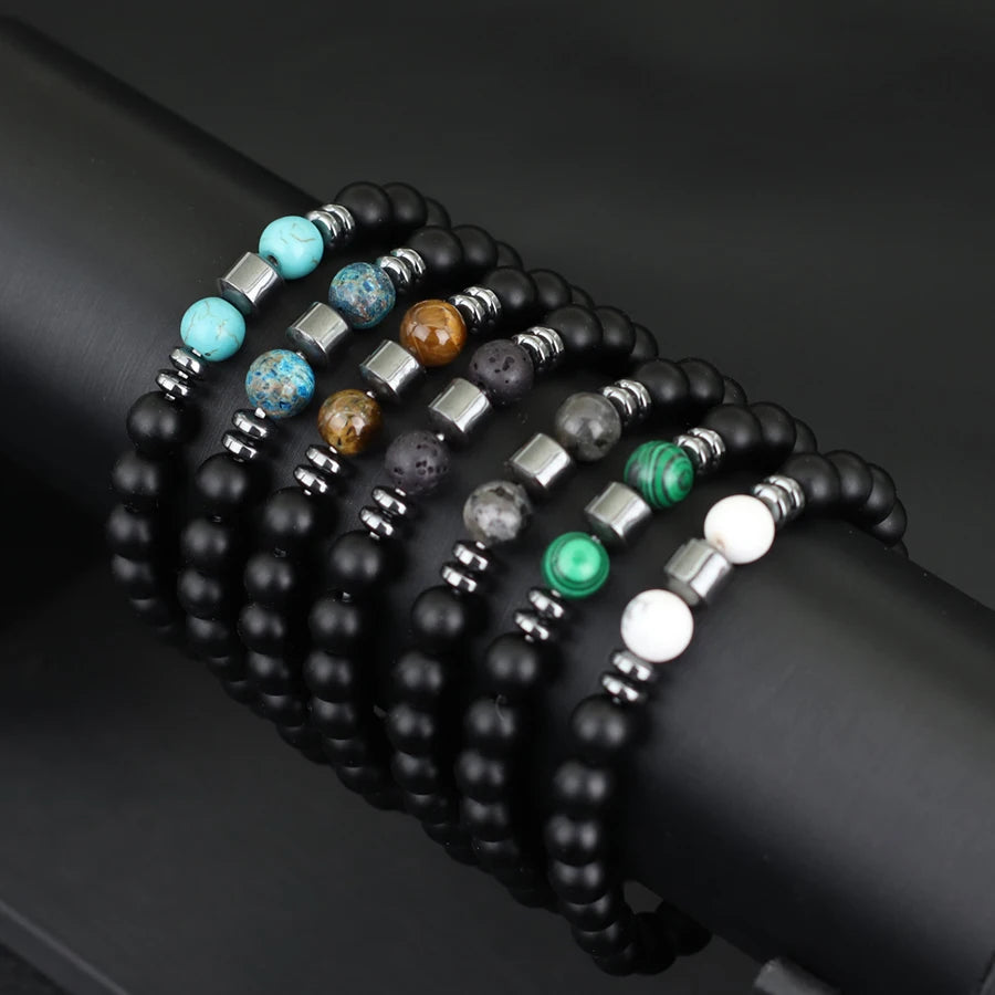 Stylish Men Bracelet Natural Tiger Eyes Volcanic Rock Healing Braslet Handmade Black Onyx Stone Strand Braclet Pulsera Hombre