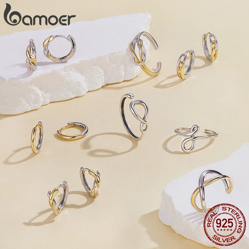 BAMOER 925 Sterling Silver Two Tones Cross Hoop Earrings for Women, Sleek Polished Piercing Huggie Earrings for Women Girl Gift