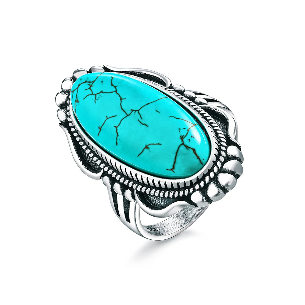 Vintage Sterling Silver 925 Big Stone 11*25mm Natural Turquoise Ring Retro Design Fine Jewelry Gifts Finger Ring For Women