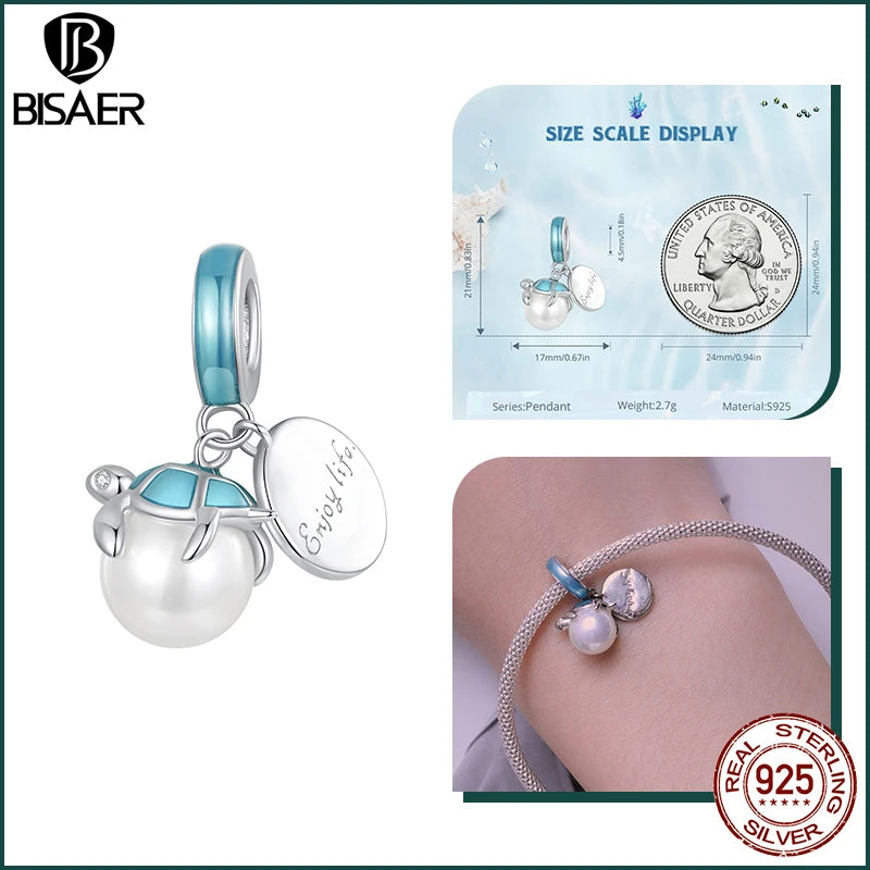 BISAER Real 925 Sterling Silver Bule Turtle Crab Charm Bead Sea Shells Pendant For Women DIY Bracelet & Necklace Holiday Gifts