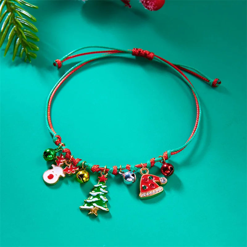 Christmas Handwoven Braided Bracelet For Women Santa Claus Xmas Tree Snowman Crutch Wreath Bell Beaded Adjustable Bracelets