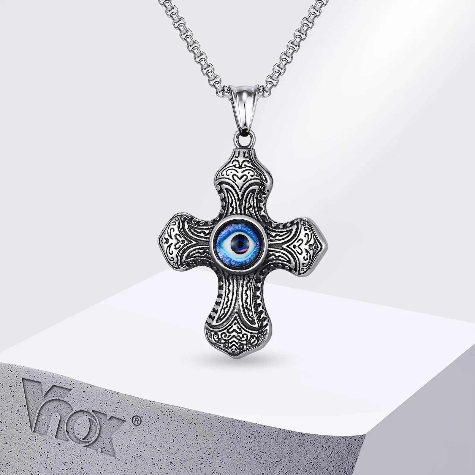 Vnox Vintage Turkish Evil Eye Centered Cross Necklaces for Men Boys, Punk Ethnic Tribal Textured Cross Pendant Collar