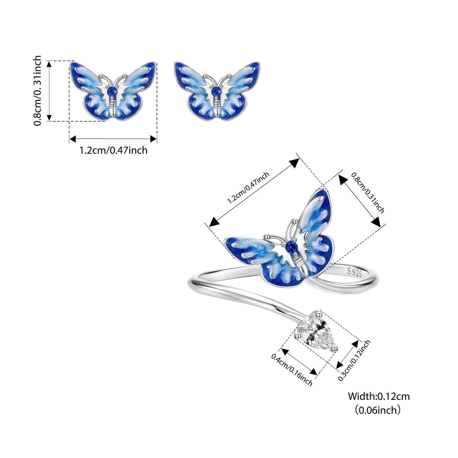 BISAER Real 925 Sterling Silver Butterfly Jewelry Set Bule Enamel Process Stud Earrings Open Ring For Women Party Fine Jewelry