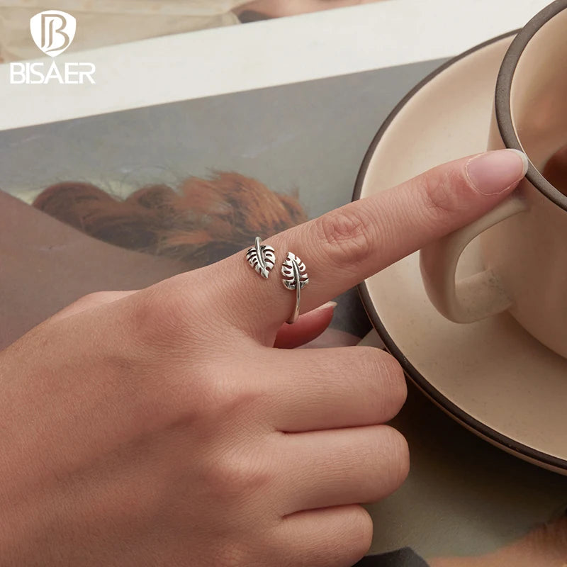 BISAER 925 Sterling Silver Turtleback Leaf Open Ring Adjustment Size 5-9 Band for Women Party Original Fine Jewelry EFR671-E