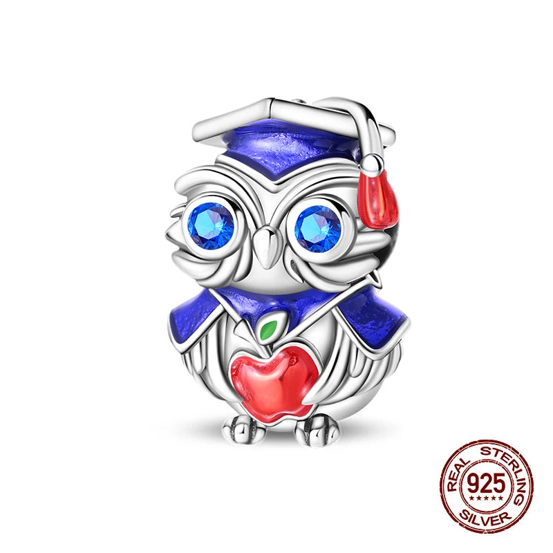 Original 925 Sterling Silver Charms Beads Graduation Season College Entrance Bachelor's Cap Pendant for Bracelet Charm Jewelry