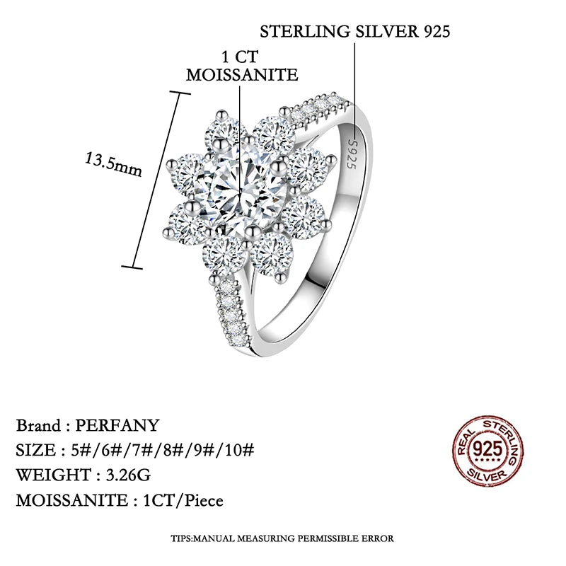 PERFANY 1-2CT Moissanite Ring for Women S925 Pure Silver Sunflower Design Laboratory Diamond Elegant Wedding Jewelry