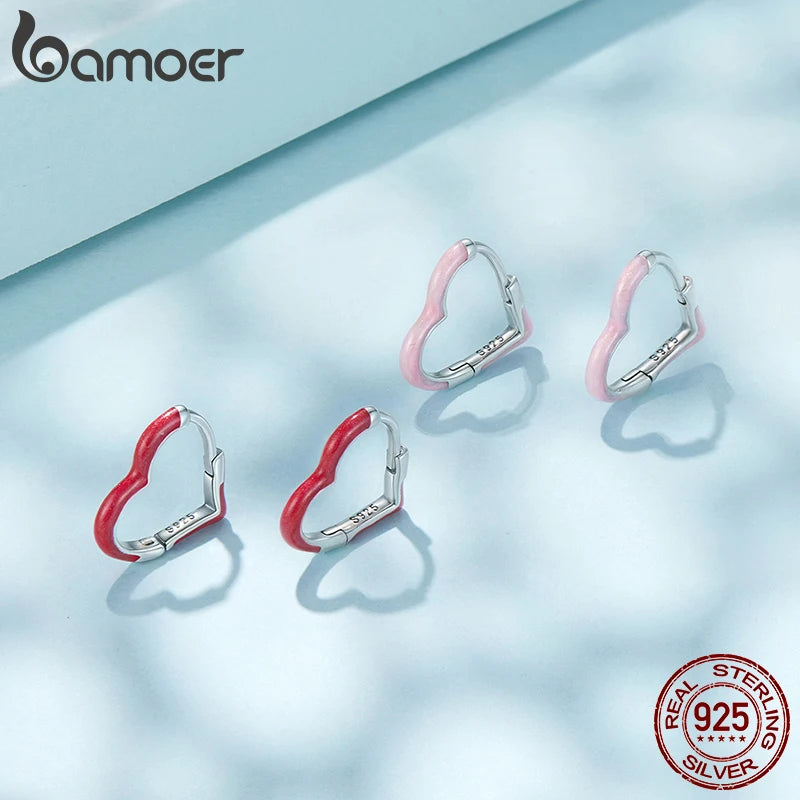 BAMOER 925 Sterling Silver Rainbow Heart Hoop Earrings Bright Color Piercing Huggie Earrings for Women Teens Girls Sweet Gift