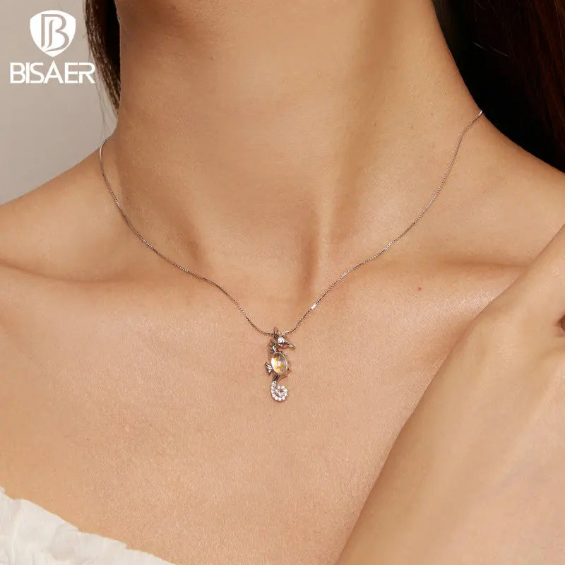 BISAER 925 Sterling Silver Seahorse Necklace Pendant Moonstone Adjustable Chain Plated Platinum Women Party Fine Jewelry EFN332