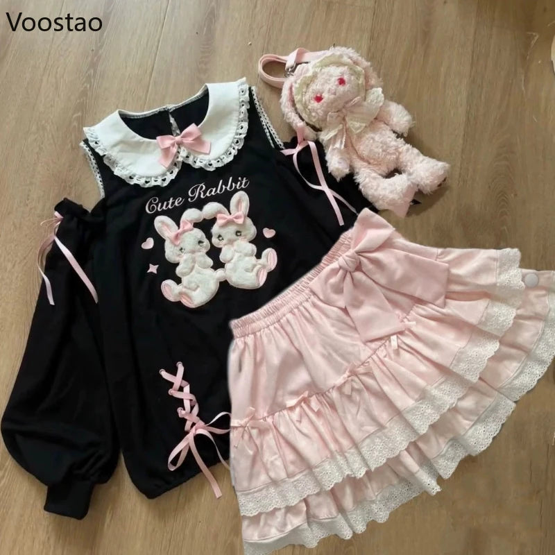 Japanese Sweet Lolita Style Skirt Sets Women Kawaii Bow Cartoon Bunny Off Shoulder Hoodie Cake Mini Skirt Suit Cute Y2k Outifits