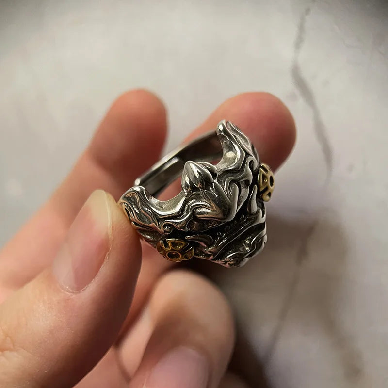 Retro Samurai Cyberpunk Mask Ring Punk Gothic Adjustable Open Ring For Men Copper Designer Jewelry Biker Accessories Unisex Gift