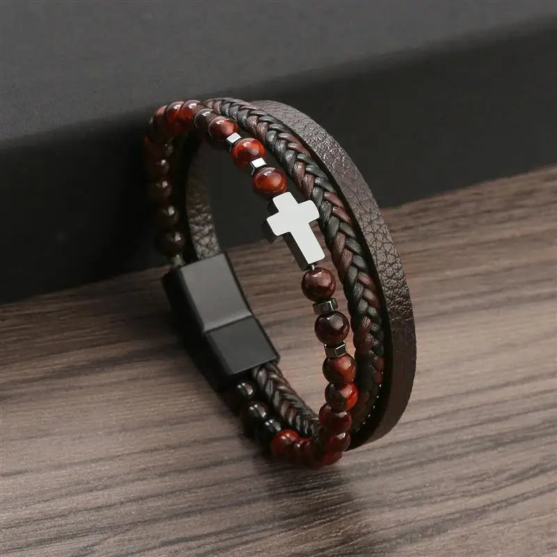 Fashion Cross Charm Mutilayer Leather Bracelet with Stainless Steel Clasp Men Punk Beaded Leather Bracelet For Men Jewelry Gift