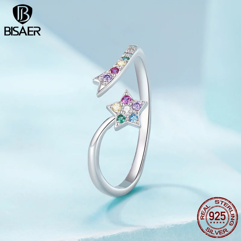 BISAER 925 Sterling Silver Colorful Shooting Star Open Ring Stars Statement Band Adjustable for Women Party Fine Jewelry Gift