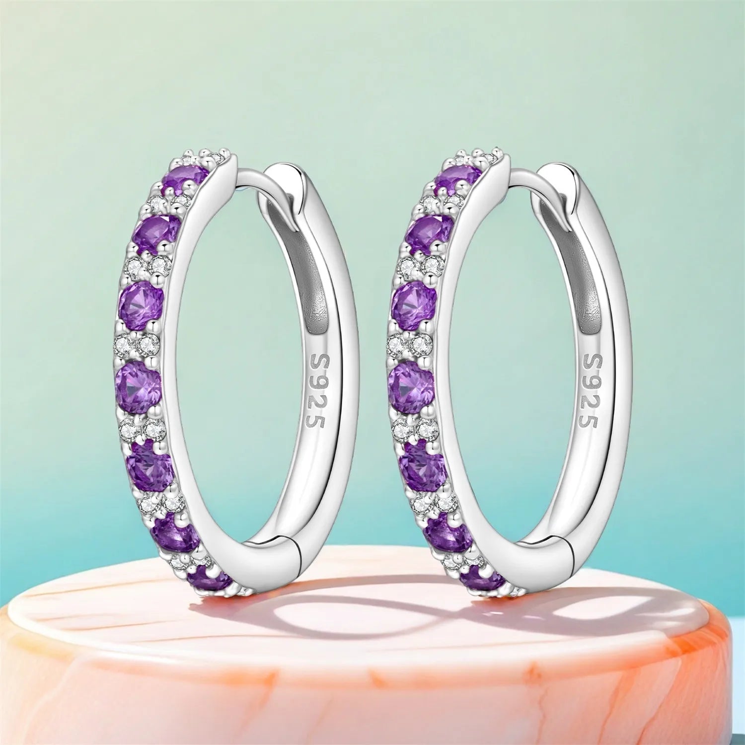 PANPOKI S925 Sterling Silver Simplified Purple Zircon Earrings Versatile Hoop Earrings For Women Jewelry Original Party Gifts