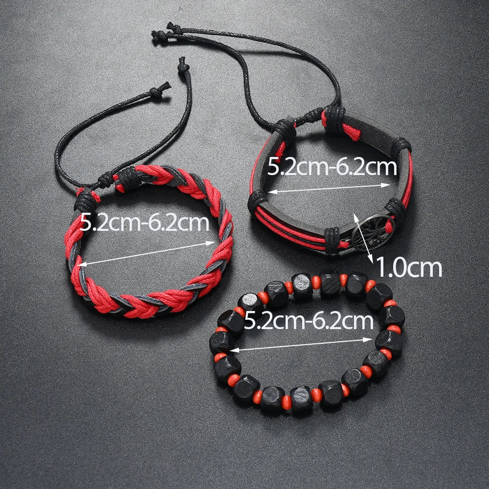 3Pcs/ Set Braided Wrap Leather Bracelets for Men Vintage Life Tree Rudder Charm Wood Beads Ethnic Tribal Wristband Rope Bracelet