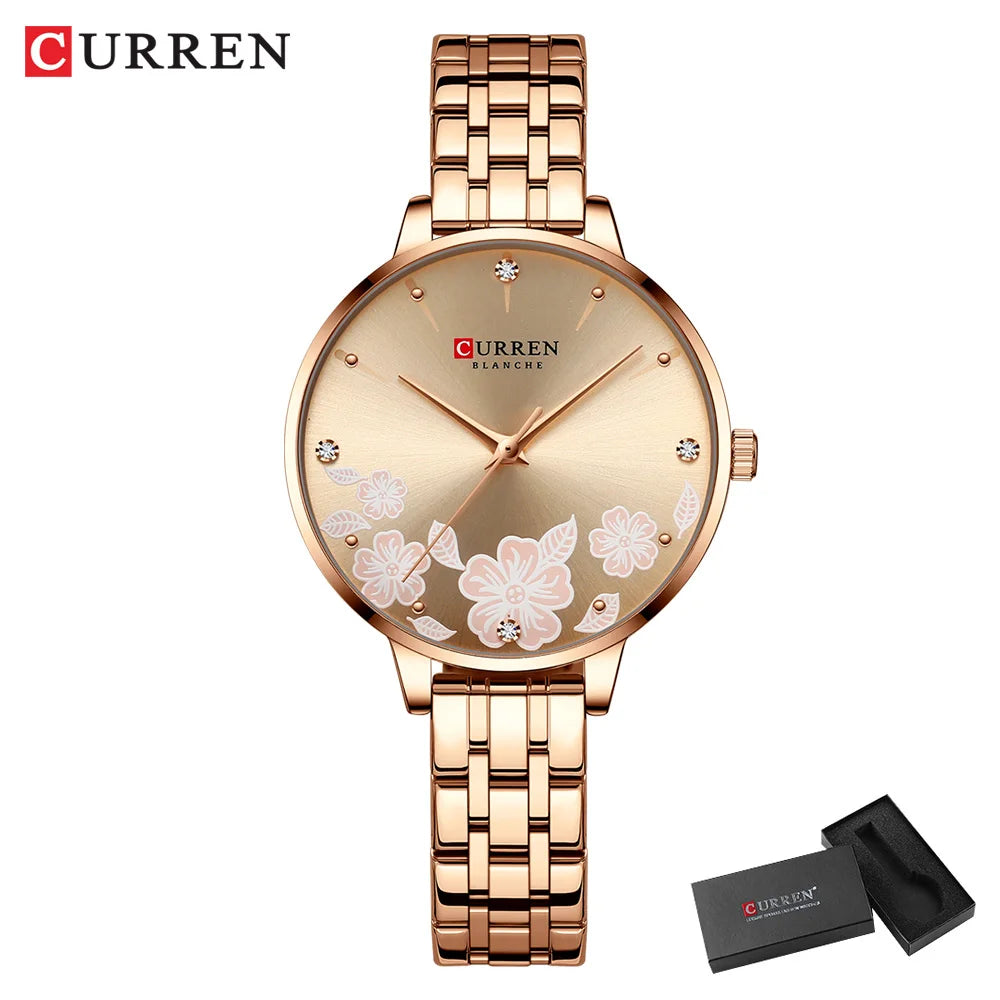 CURREN Fashion Quartz Wristwatches for Women Simple Stainless Steel Watch Bracelet with Flower Design Dial