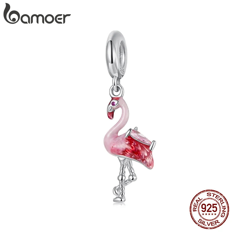 BAMOER Solid 925 Sterling Silver Cute Flamingo Charm Pendant fit Original Bracelet DIY Jewelry Accessories bamoer Beads BSC1123