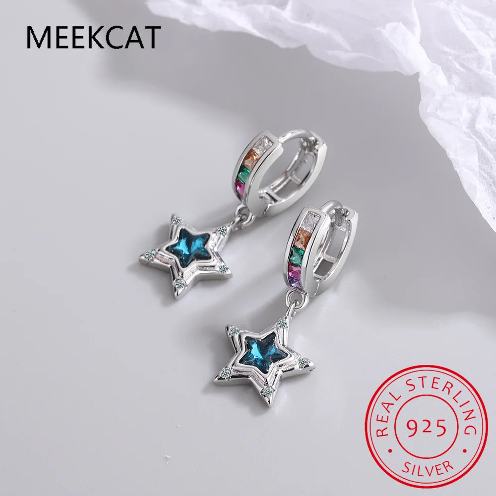 Baby Princess 925 Silver Blue Crystal Star Hoop Earring For Child Girl Women Rainbow Zirconia Loop Huggies Earring Korea Jewelry