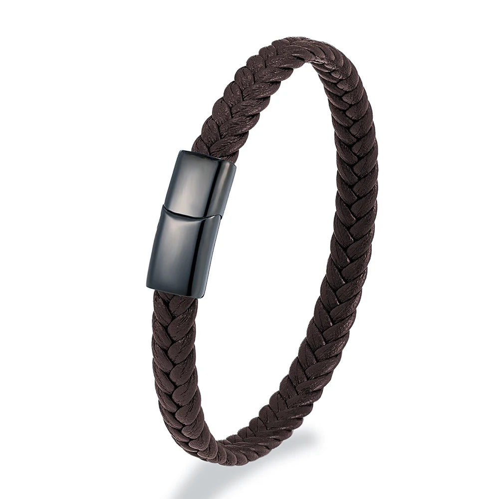 MKENDN Simple Classic Stainless Steel Bracelet for Women Men Genuine Braided Leather Bangles Special Couple Jewelry Gift