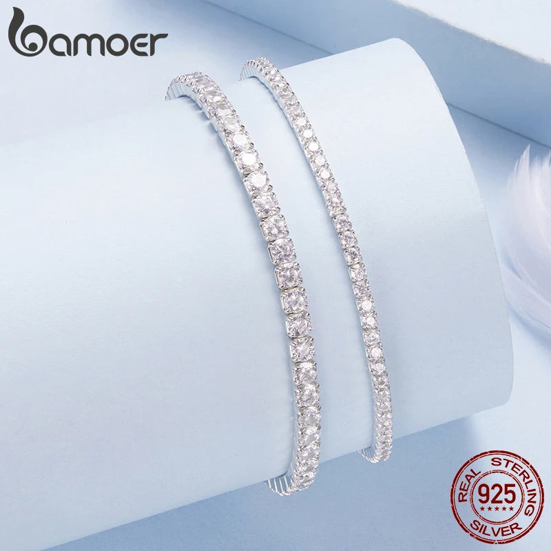 BAMOER Luxus-Tennisarmband aus 925er Sterlingsilber mit Pavé-Fassung, dehnbar, mit runden Zirkonia-Steinen, klassisches Geschenk für Damen zur Hochzeit
