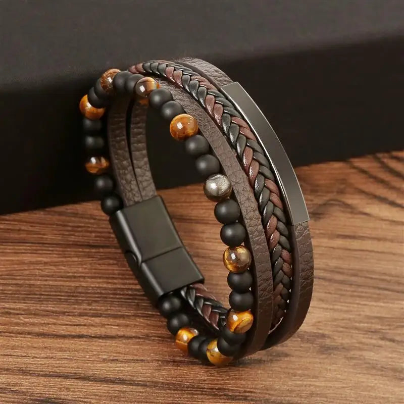 Jiayiqi New Design Punk Leather Bracelet Men Fashion Beaded Multi-Layer Leather Bracelet For Men New Year Jewelry Gift