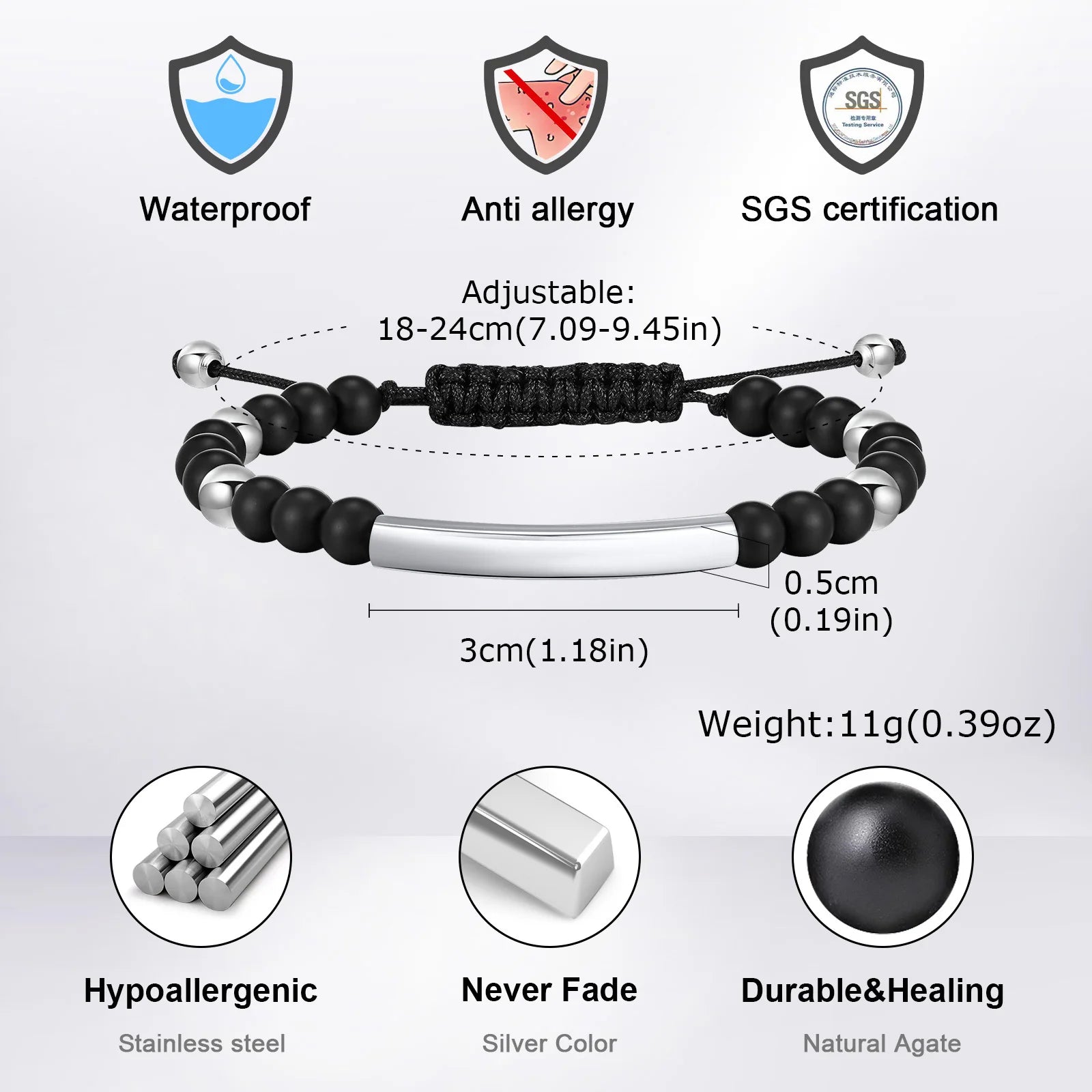 Vnox Free Engrave Words Stainless Steel Bangles, Black Natural Beads Beaded Bracelets, Adjustable Mens Wristband Gift