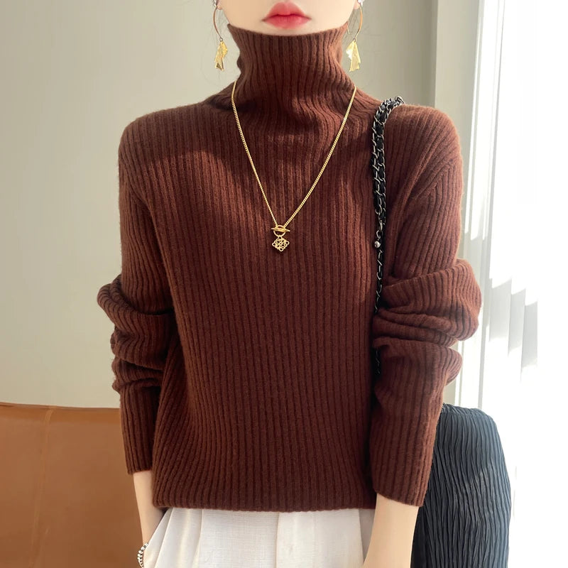 Women 100% Merino Wool Sweater Turtleneck Knitted Vertical Stripes Pullover Autumn Winter Thickened Cashmere Casual Knitwear Top