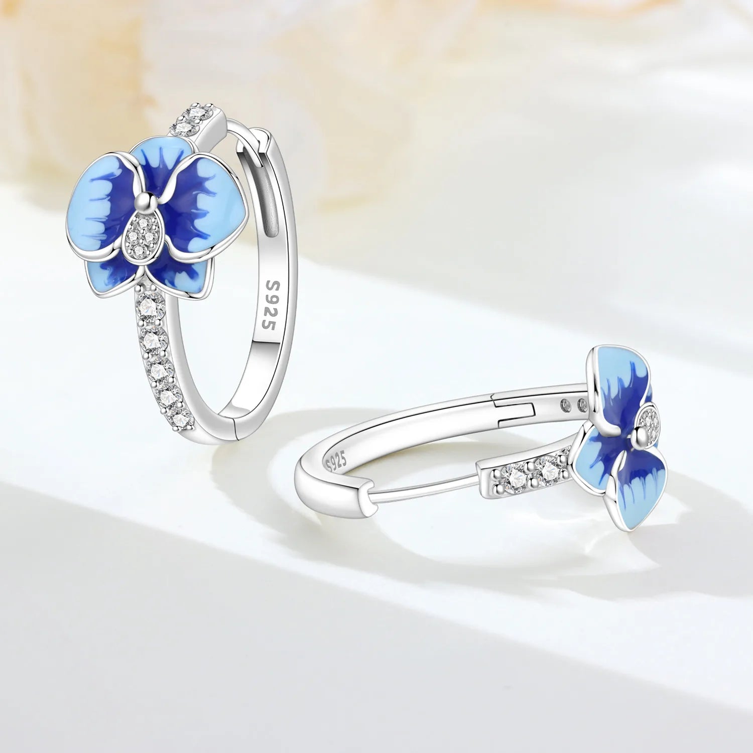 PANPOKI S925 Sterling Silver Blue Flower Earrings Versatile Hoop Earrings For Women Jewelry Original Party Gifts