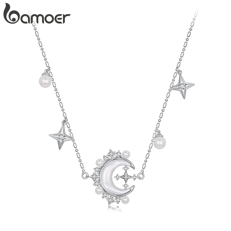 Collier en forme de croissant de lune plaqué or blanc BAMOER avec perle, collier de déclaration de haute qualité pour femmes, bijoux au design unique