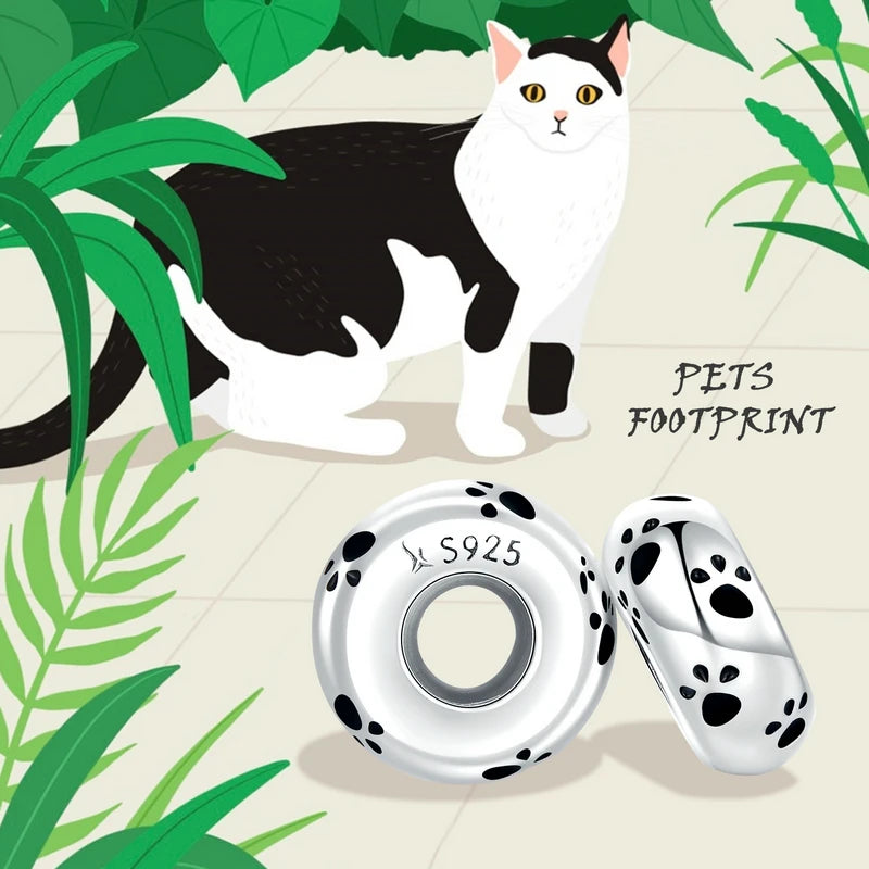WOSTU 925 Sterling Silver Pet Paw Print Silicone Beads Lovely Cat Spacer Bead Fit Original Bracelet Gift For Pet Lover Family