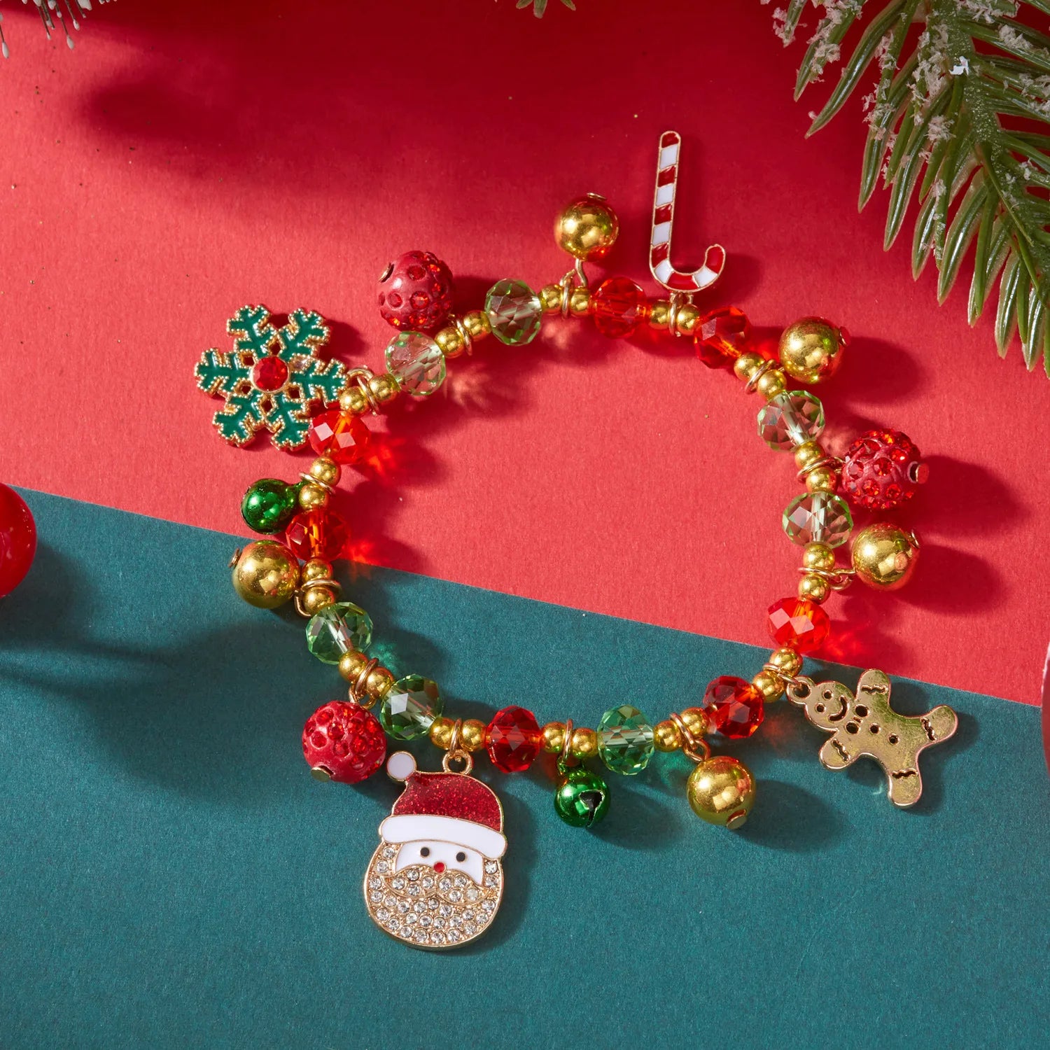 Cute Christmas Series Zircon Snowflake Santa Claus Xmas Tree Pendant Bracelets for Women Green Red Crystal Beads Bangle Gifts