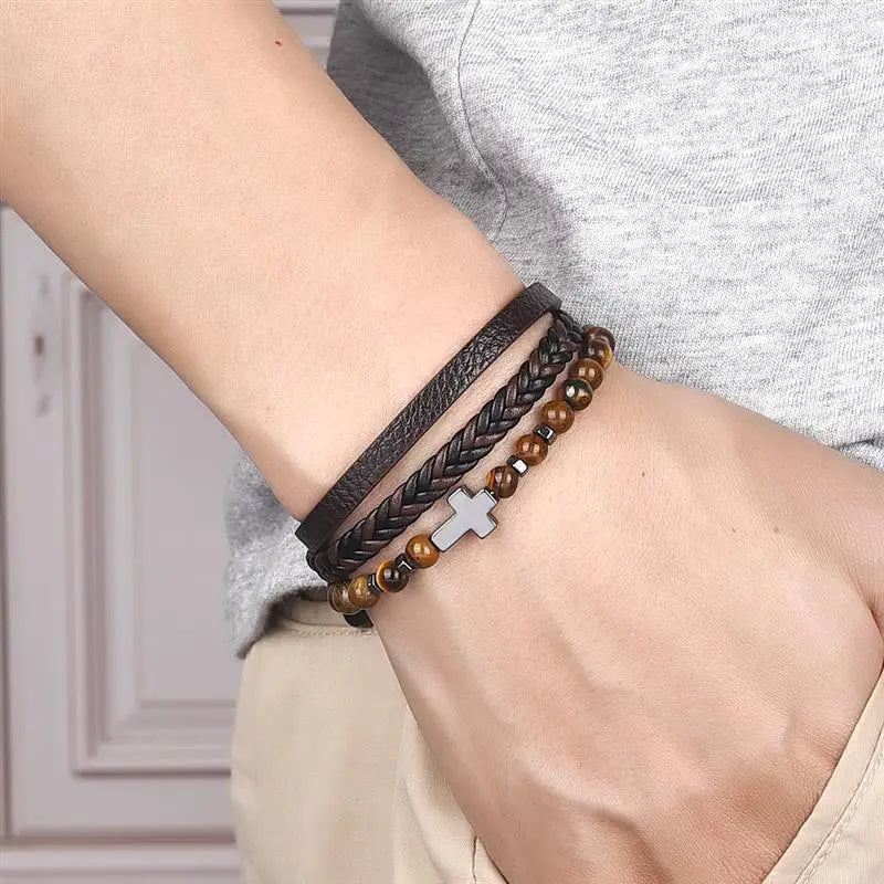 Fashion Cross Charm Mutilayer Leather Bracelet with Stainless Steel Clasp Men Punk Beaded Leather Bracelet For Men Jewelry Gift