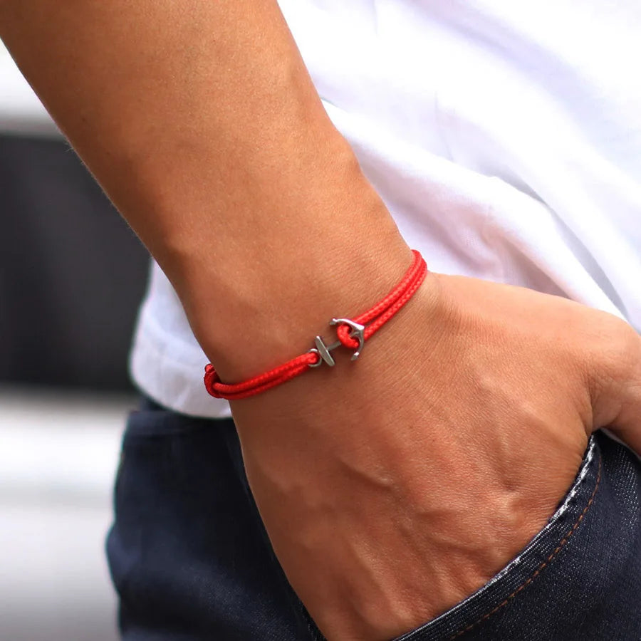 Grade A 2mm Thin String Lucky Red Bracelet Men Stainless Steel Beach Nautical Anchor Braslet Outdoor Sports Cycling Accessories
