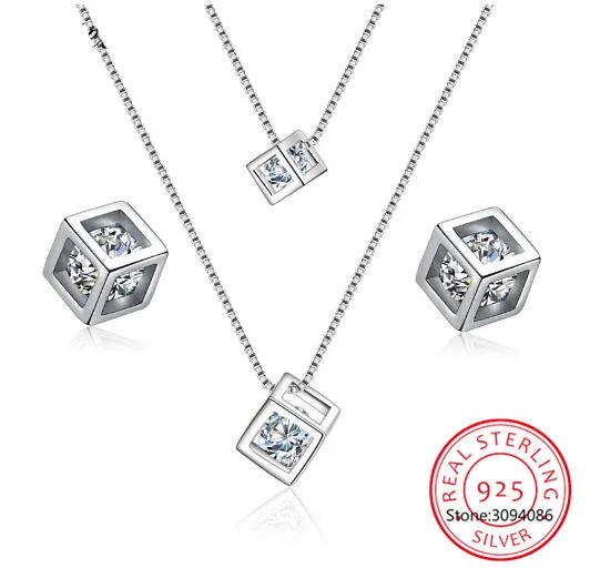 MEEKCAT 5 Style 925 Sterling Silver Jewelry Sets Zircon Square Cube Necklace+Earrings+Bracelet For Women Gift