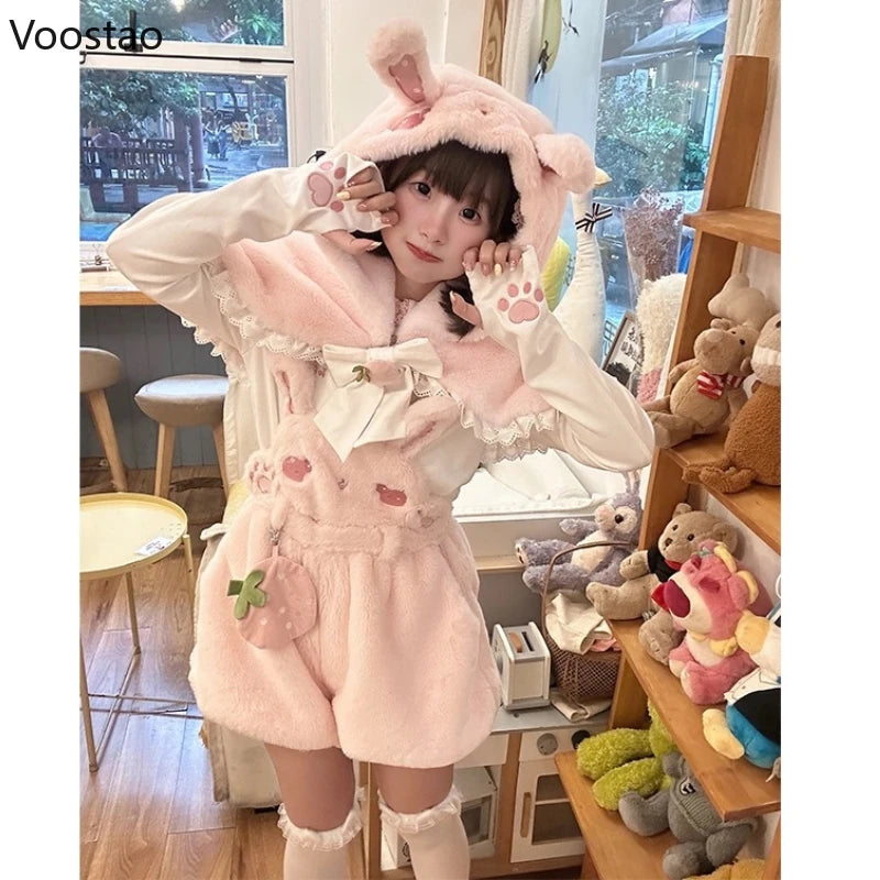 Autumn Winter Japanese Kawaii Lolita Shorts 3 Piece Sets Women Sweet Blouse Cute Shawl Cartoon Plush Overalls Suits Y2k Outfits
